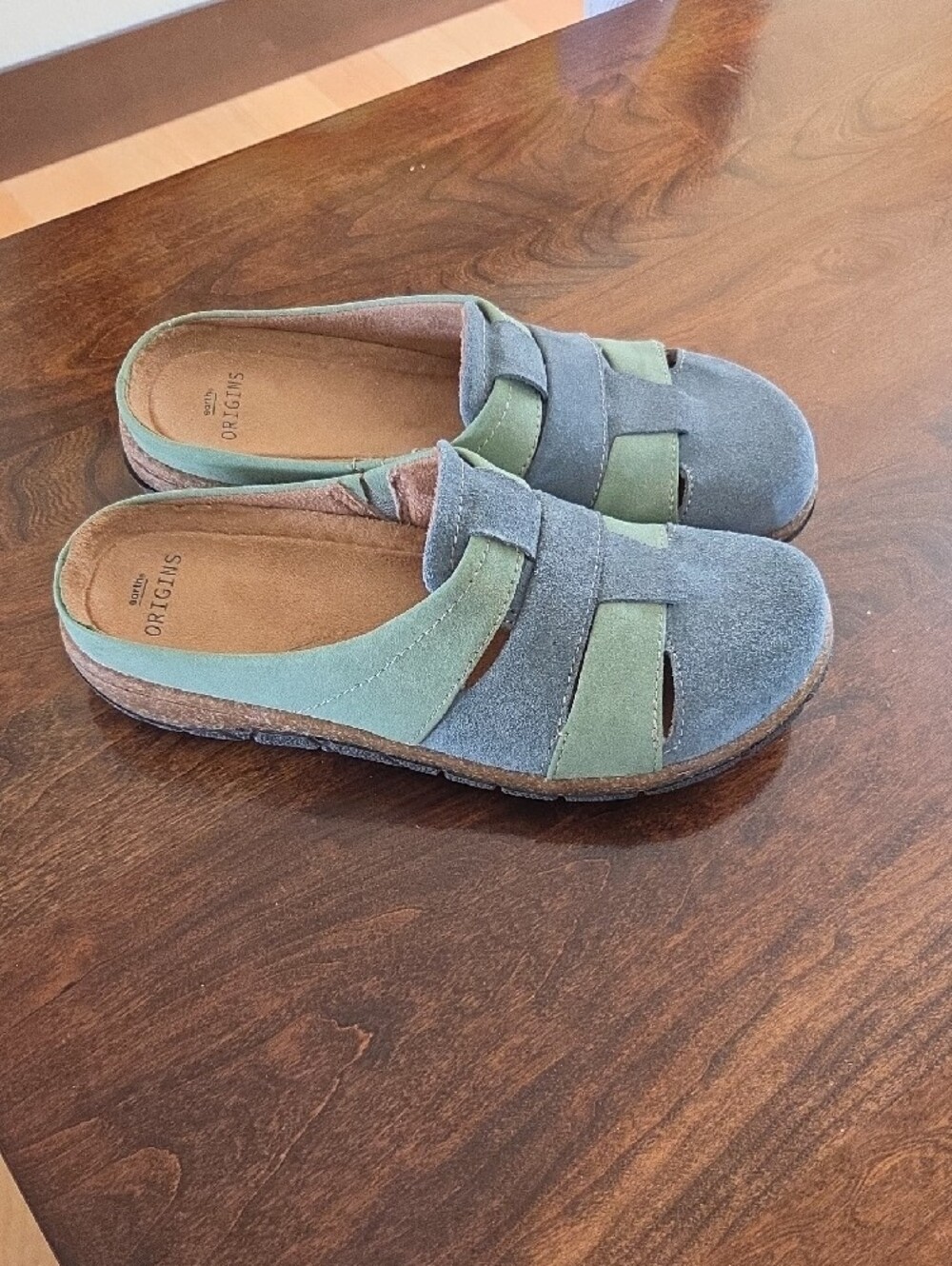 Origins Suede Slip-On Clogs in Slate Blue and Sage Green
